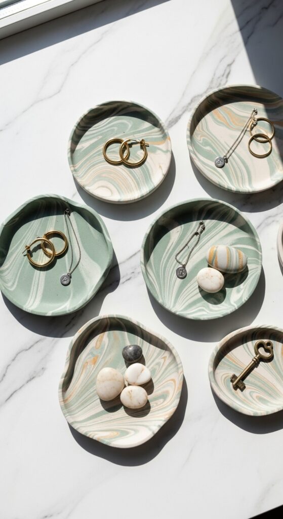 Handmade marbled air dry clay trinket dishes in sage green and cream with jewelry