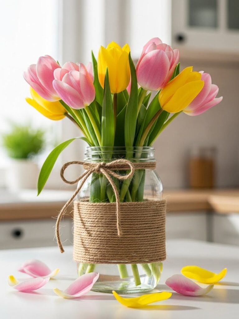 Close-up of twine-wrapped mason jar with fresh tulips creating simple spring home decor indoors