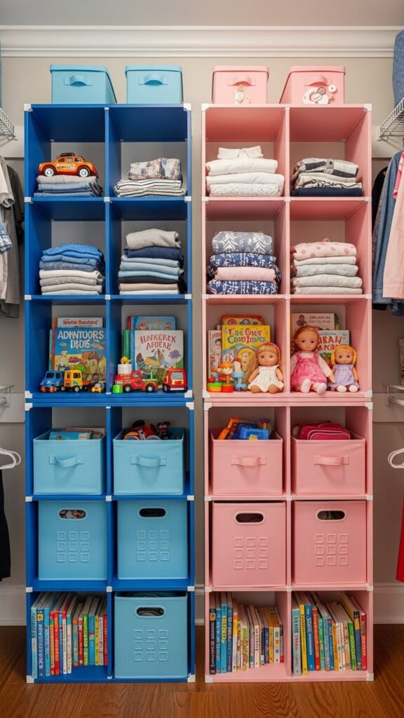 Matching storage cube systems in different colors providing equal organization with personalized identification in shared closet