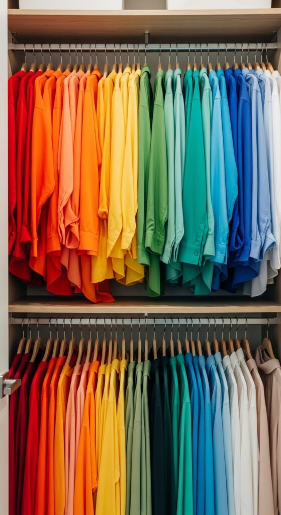 Matching hangers creating uniform and visually calm closet appearance

