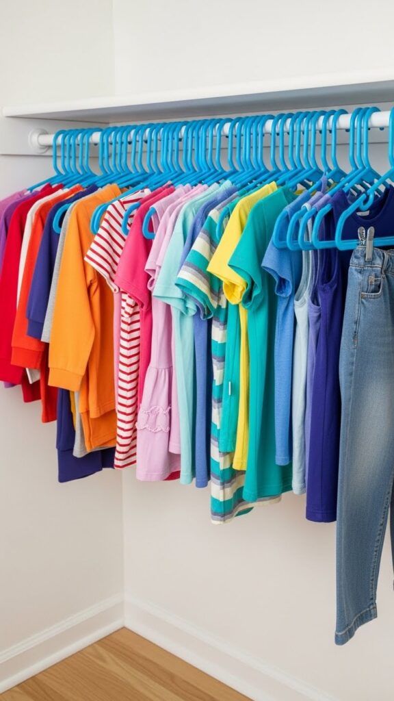 Matching dollar store plastic hangers creating cohesive organized closet aesthetic