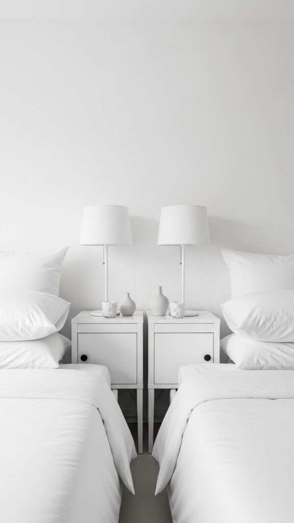 Pair of matching white nightstands symmetrically placed creating balanced cohesive bedroom design