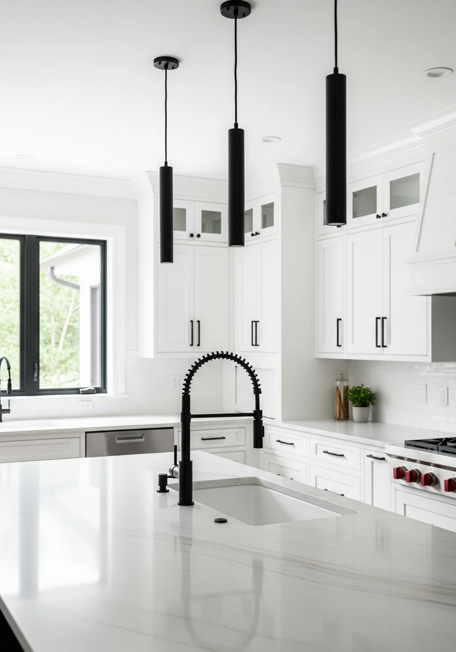 White kitchen with coordinated matte black fixtures, faucet, and hardware