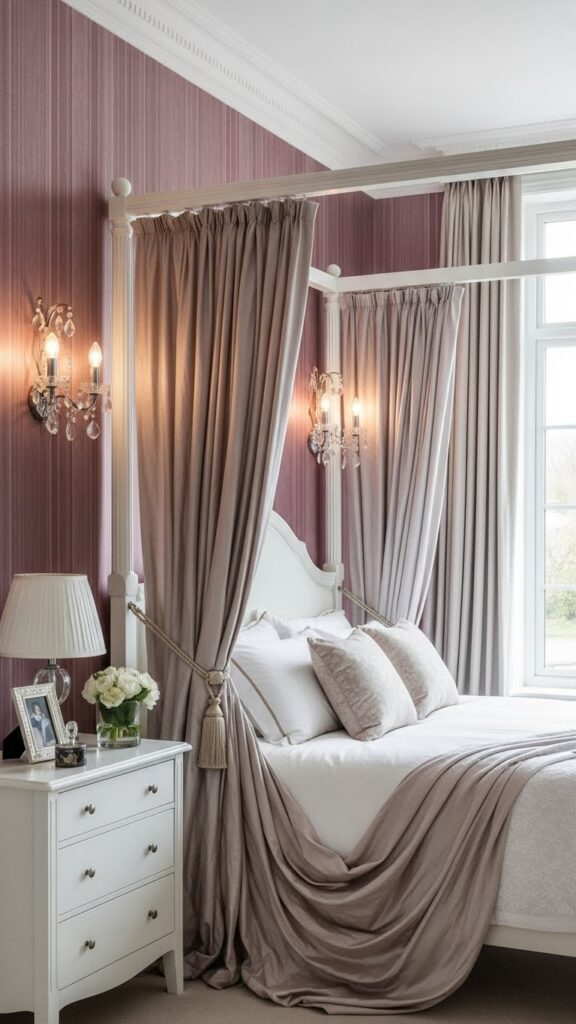 Mauve pink silk stripe wallpaper with vertical fabric texture in elegant bedroom

