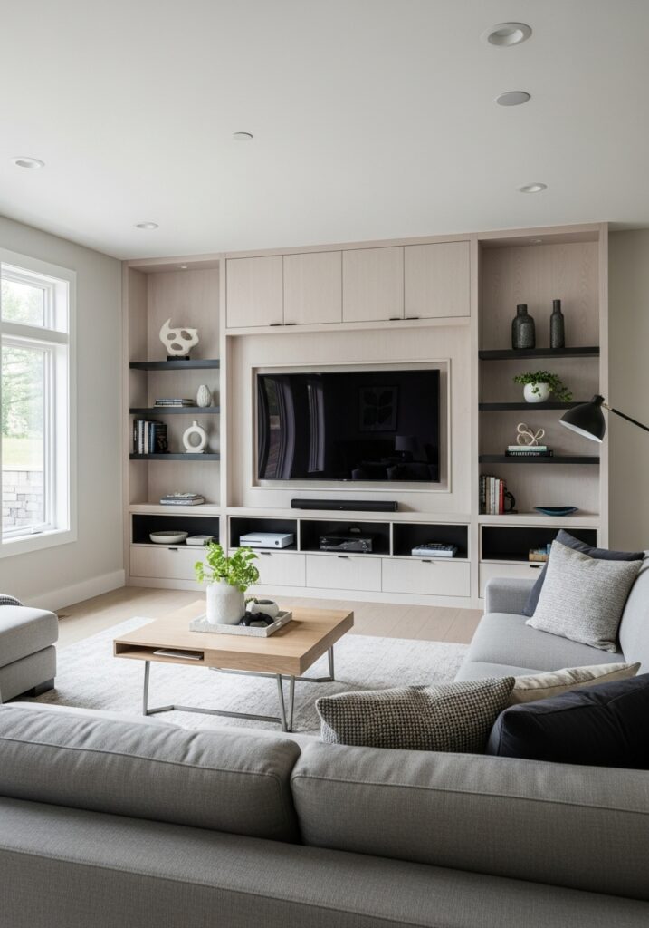 Modern media wall with integrated TV and storage in living room