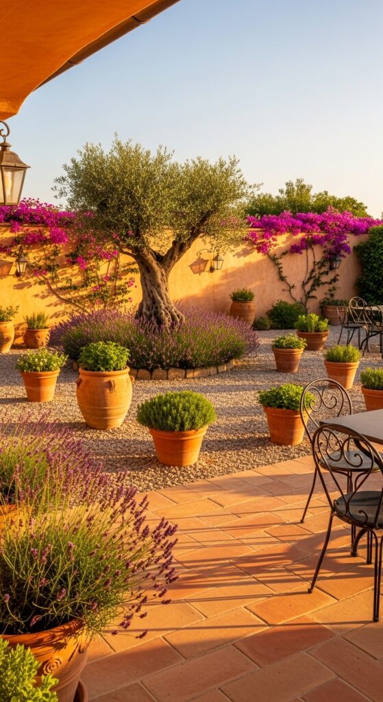 Mediterranean backyard garden with terracotta pots, lavender, olive tree, and gravel pathways