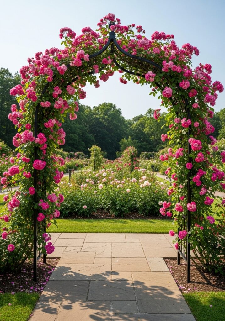 Elegant metal garden arch completely covered in pink climbing roses creating romantic garden entrance