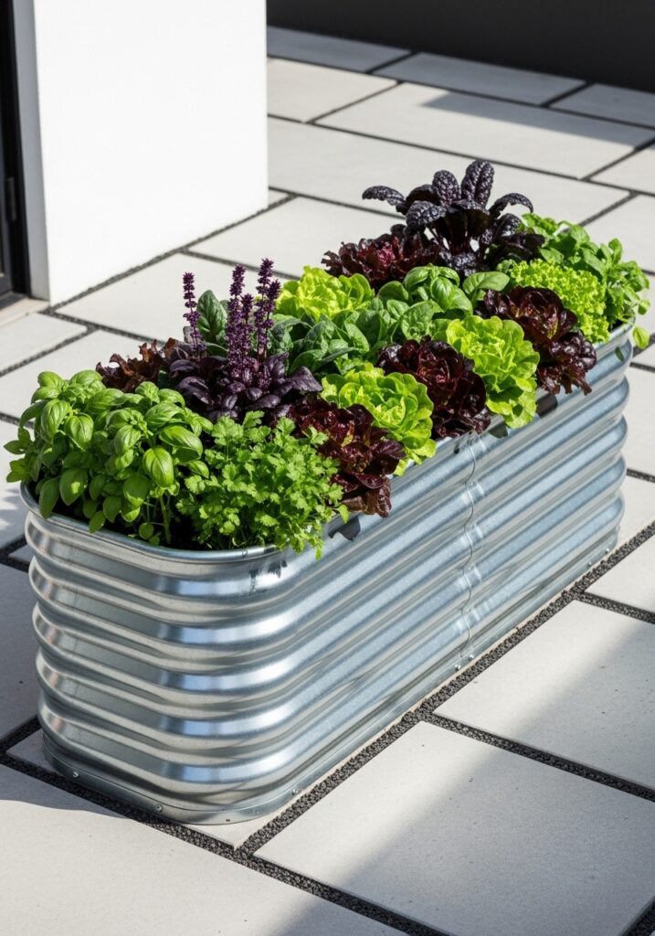 Modern galvanized metal raised garden bed trough filled with greens on patio