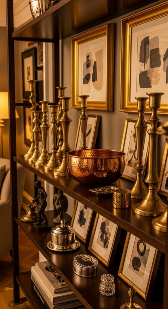 Brass, gold, and copper metallic accents mixed on shelves creating luxe look