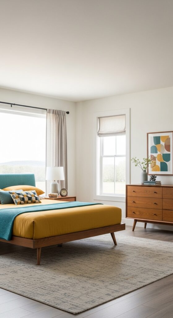 Mid-century modern bedroom with clean lines, wooden furniture, and retro color palette