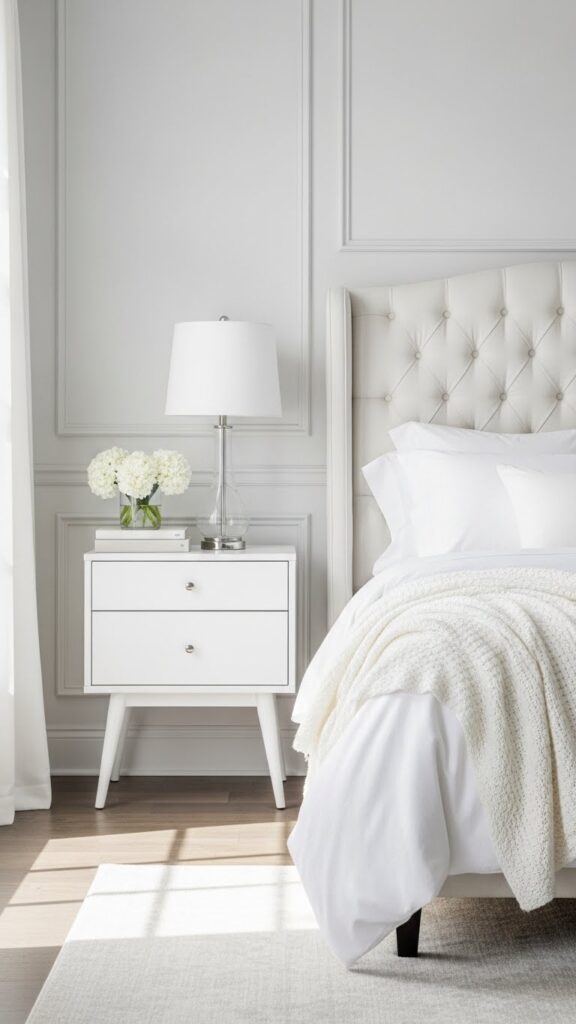 Mid-century white nightstand with traditional tufted headboard showing era mixing unified by white color