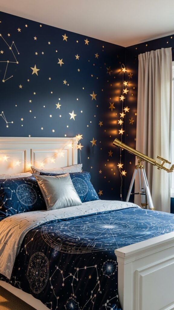 Midnight blue wallpaper with gold stars in sophisticated celestial-themed bedroom