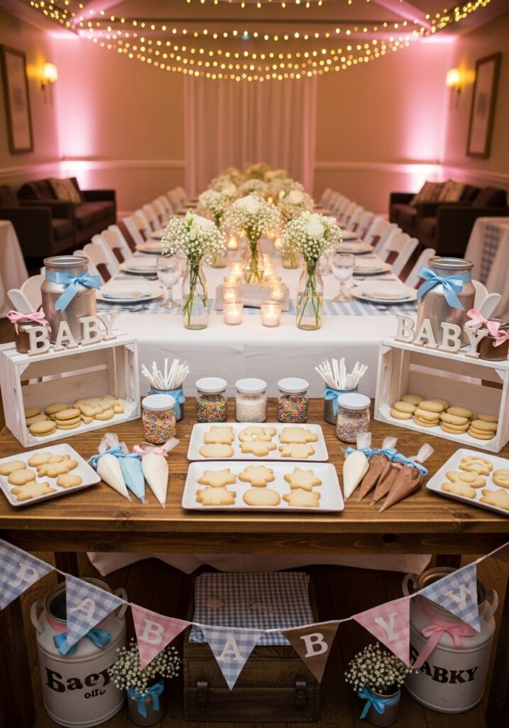 Milk and cookies baby shower with dessert station and vintage milk decorations