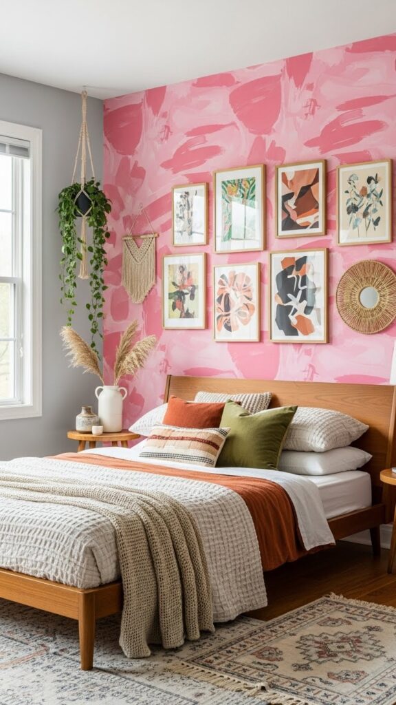  Millennial pink abstract brushstroke wallpaper accent wall in artistic bohemian bedroom