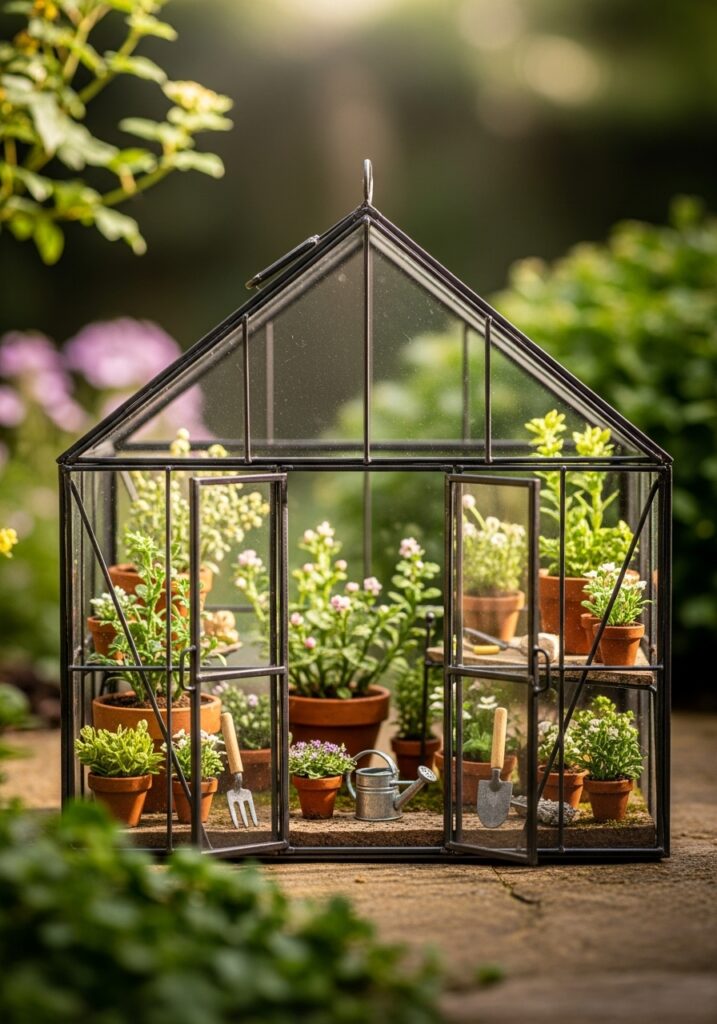 Miniature greenhouse fairy garden with glass panels and tiny plants