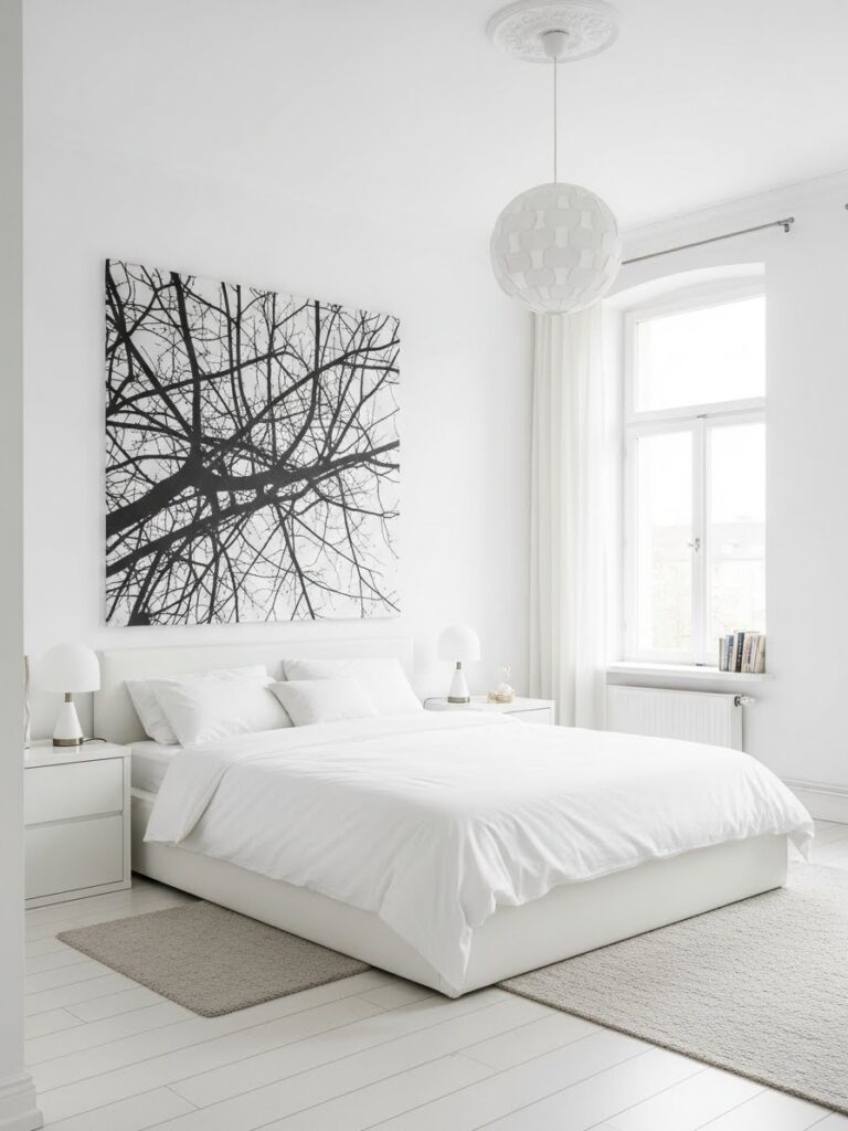 Modern white bedroom with minimal artwork and clean decor