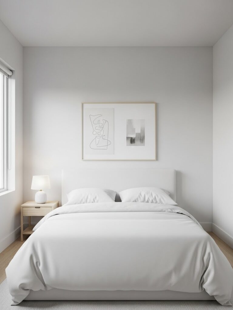 White minimalist bedroom with simple neutral artwork