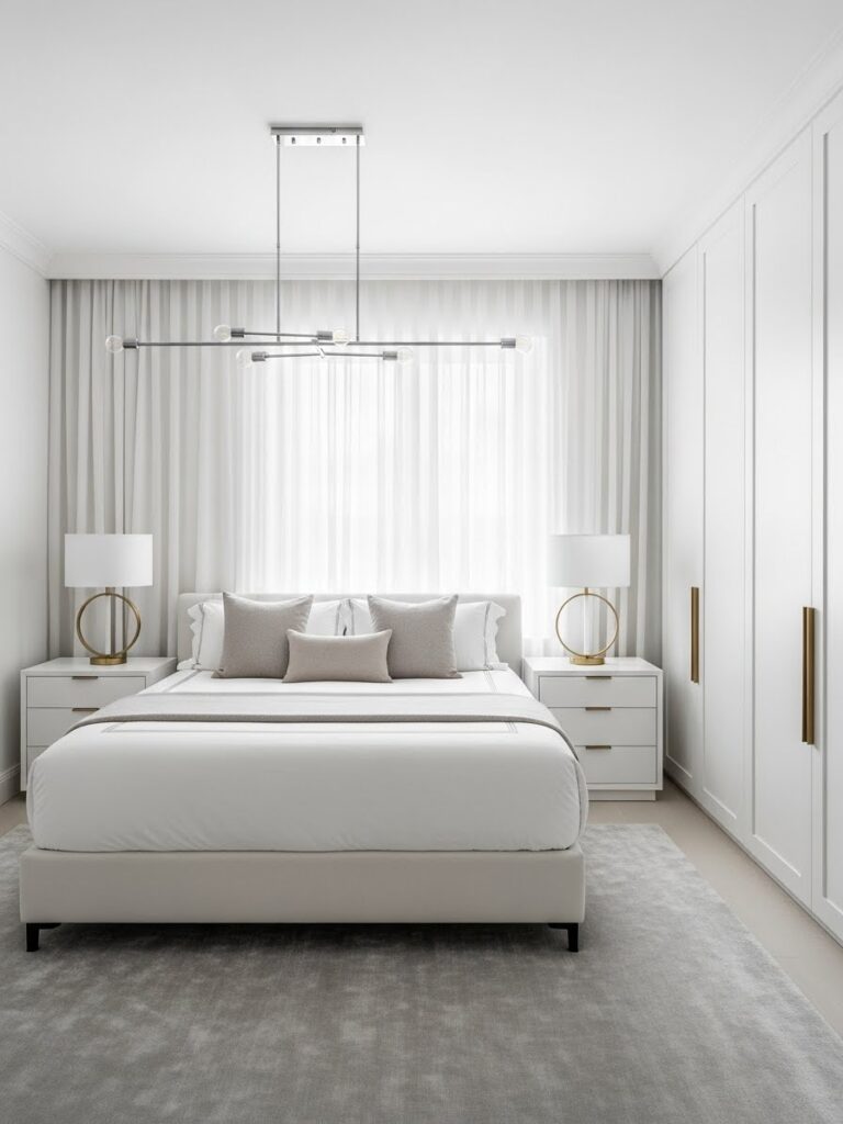 Modern white bedroom styled with minimal decor