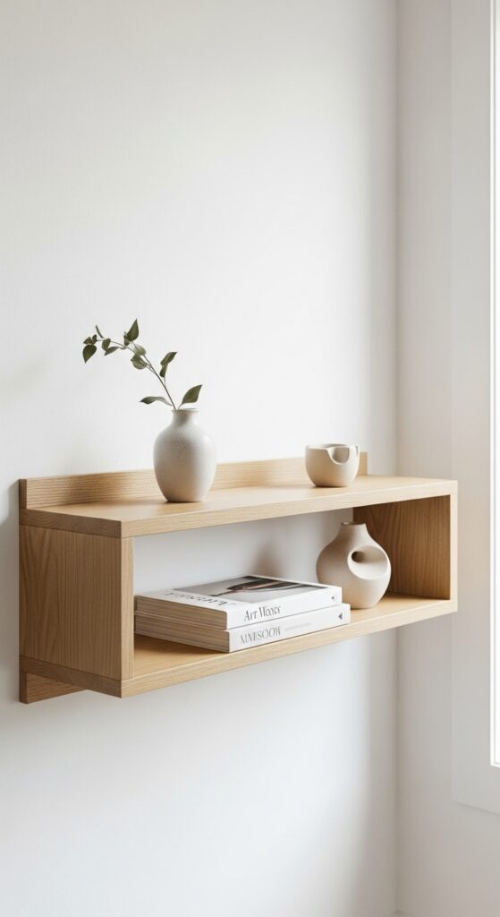 Minimally styled shelves in small space with few carefully chosen objects