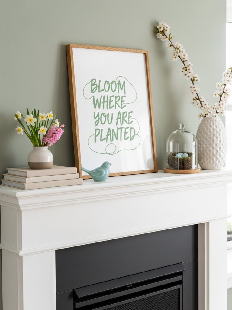 Minimal spring quote styled on a fireplace mantel with seasonal decor