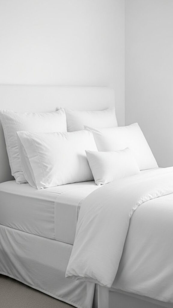 Small bedroom bed with minimal white bedding and few pillows creating clean spacious uncluttered appearance