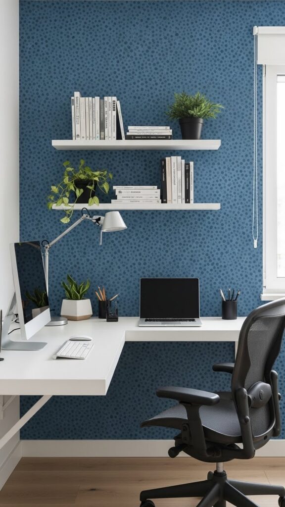 Minimalist blue dot pattern wallpaper in modern home office workspace