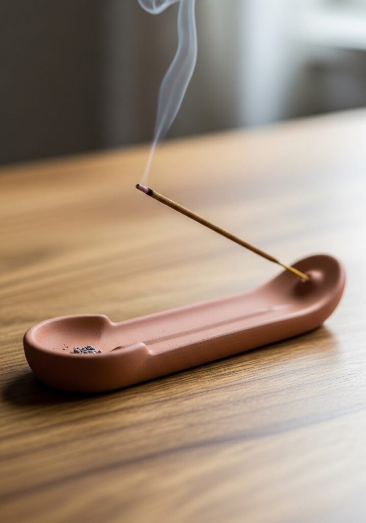Minimalist terracotta air dry clay incense holder with burning incense stick