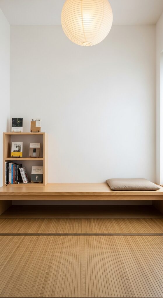 Minimalist Japanese-style reading corner with low platform bench and simple bookshelf