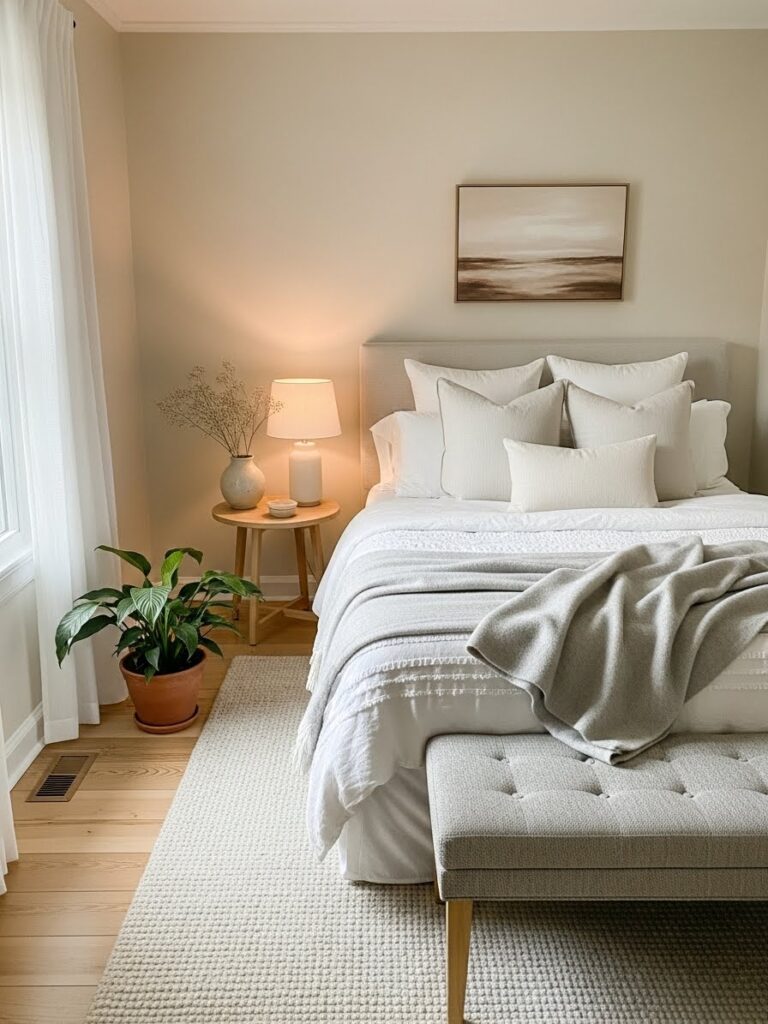 Minimalist neutral bedroom palette designed to keep small rooms calm and spacious