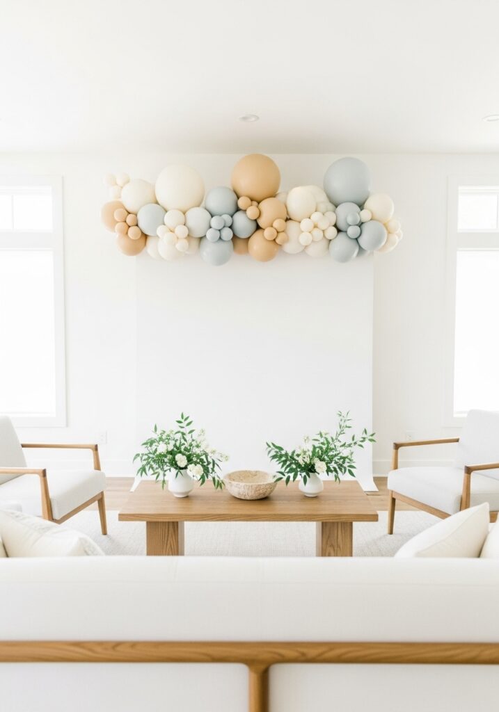 Minimalist modern baby shower with clean white backdrop and simple decorations