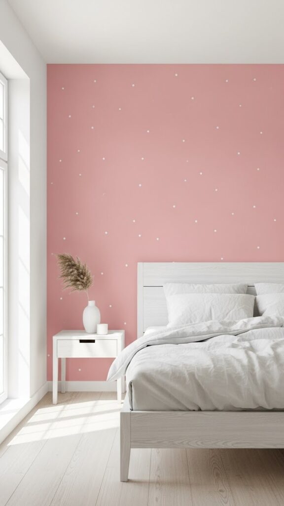 Minimalist pink dot pattern wallpaper in modern Scandinavian bedroom design