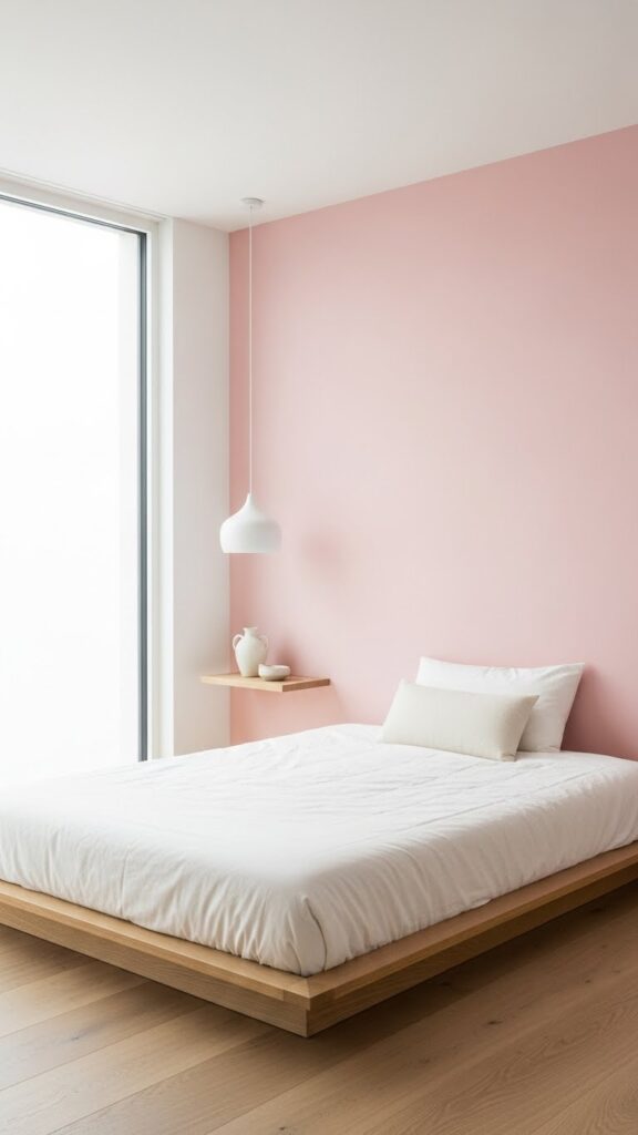 Calm minimalist bedroom with simple solid pink wallpaper and clean design