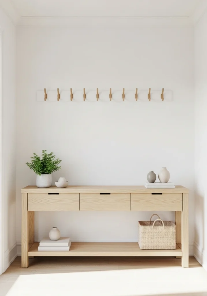 Minimalist Scandinavian style entryway with light wood and white walls