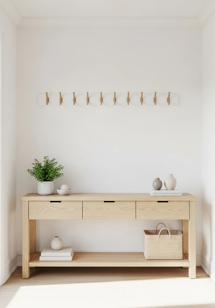 Minimalist Scandinavian style entryway with light wood and white walls