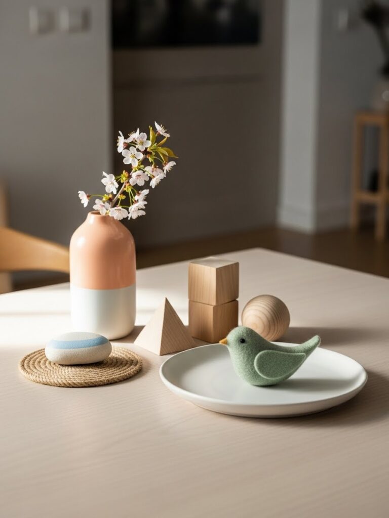 Minimalist spring decor crafts with soft colors and simple forms