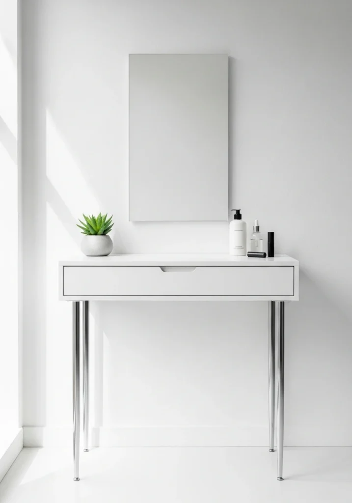 Minimalist white vanity table with wall-mounted mirror and sparse decor