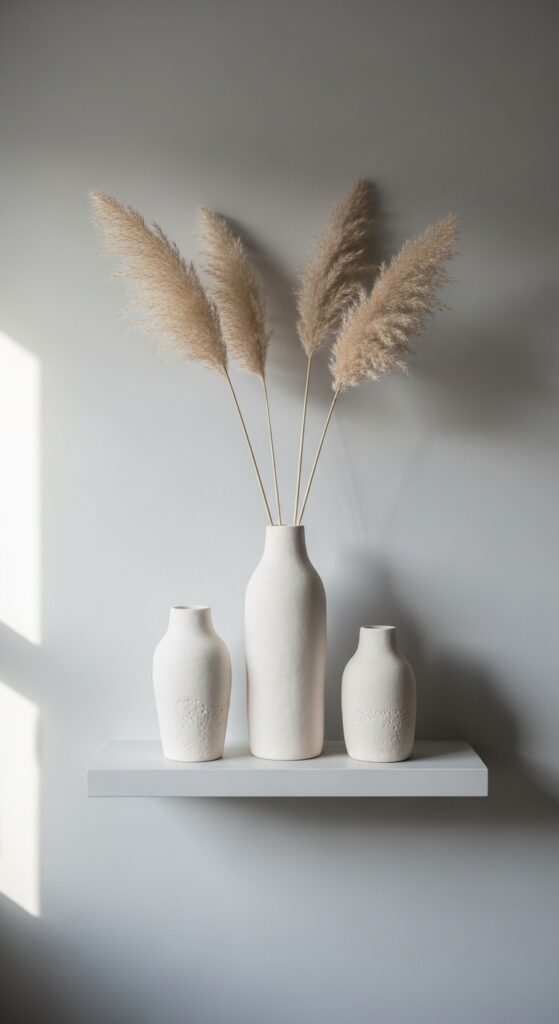 Three handmade white air dry clay vases in minimalist style with pampas grass on shelf