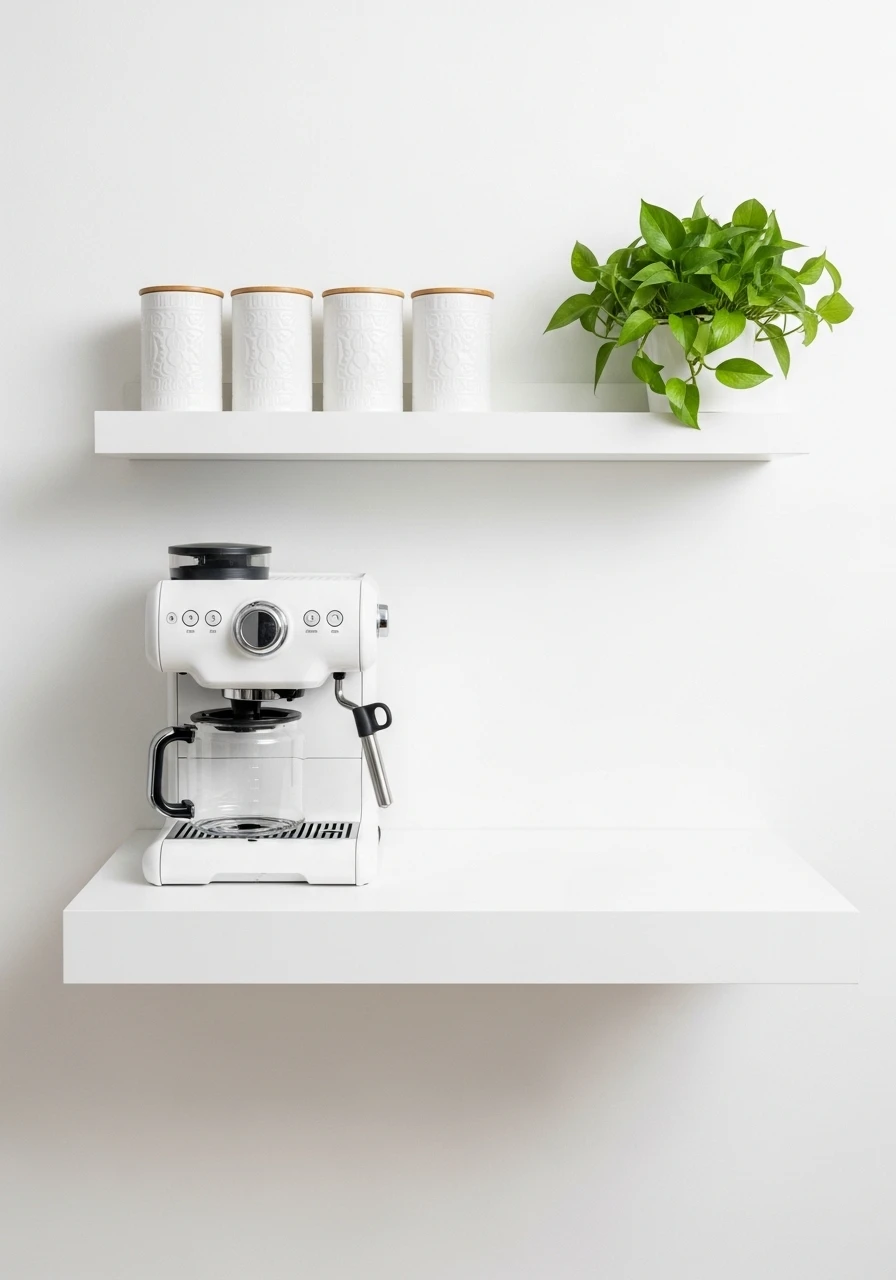 Minimalist all-white coffee station with floating shelf and single green plant accent