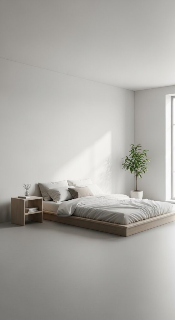 Minimalist zen bedroom with low platform bed, neutral colors, and clutter-free design