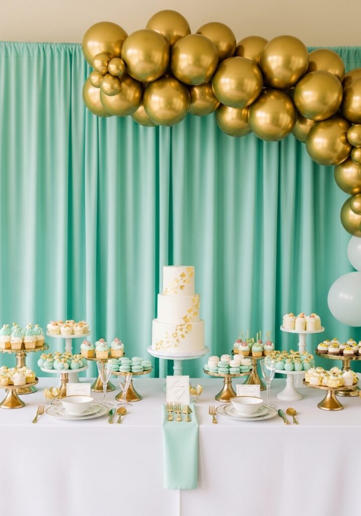 Mint and gold elegant baby shower dessert table with sophisticated decorations
