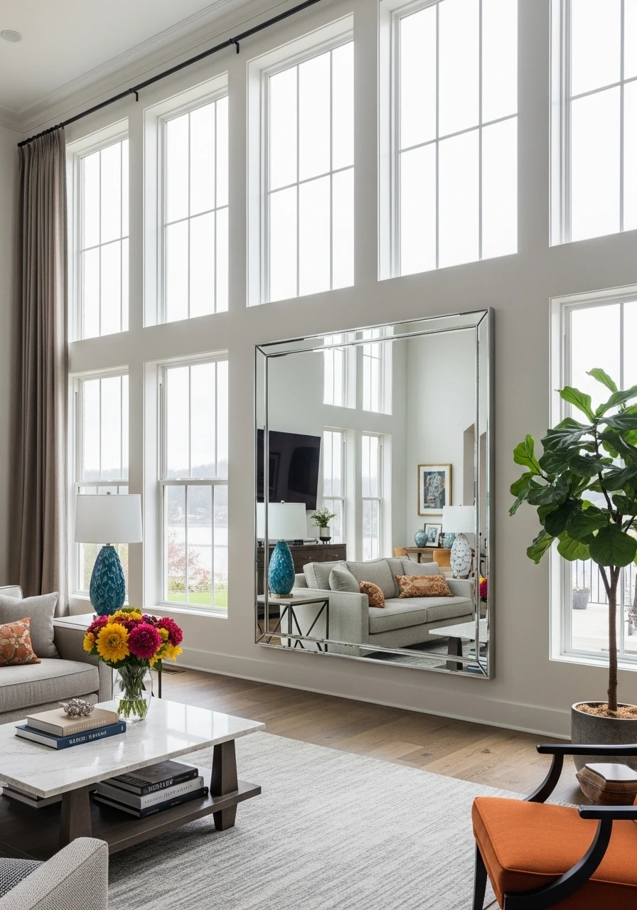 Large mirror reflecting natural light in living room