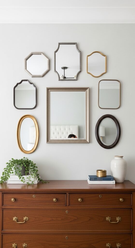 Bedroom dresser with decorative mirror gallery wall creating light and interest
