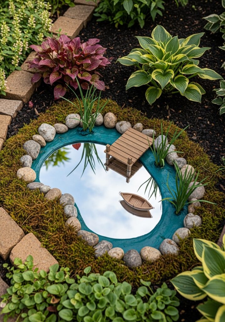 Fairy garden with mirror creating pond reflection effect