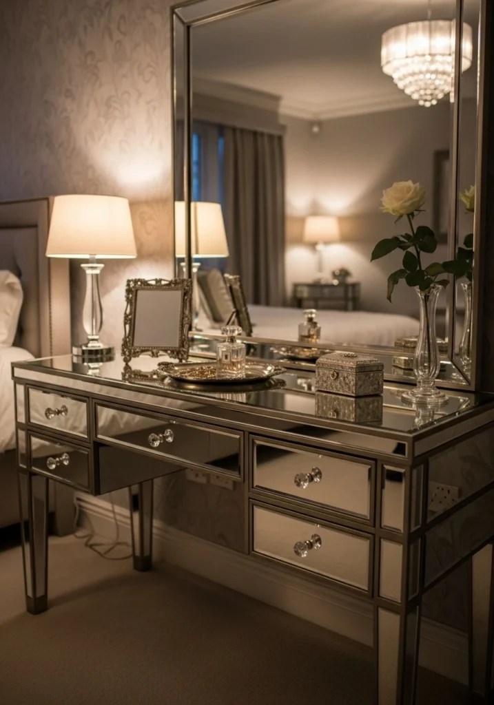 All-mirrored bedroom vanity with beveled glass and crystal hardware