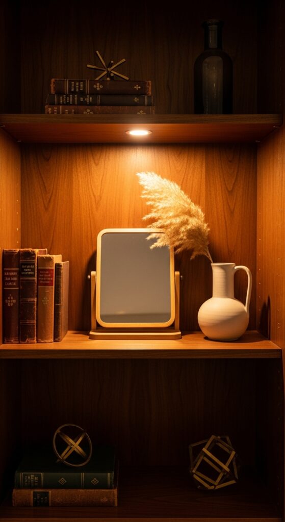 Small mirror on shelf reflecting light and creating dimensional depth