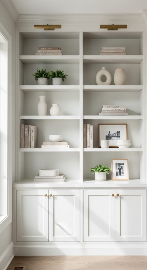 Built-in shelving combining open display shelves with closed cabinet storage

