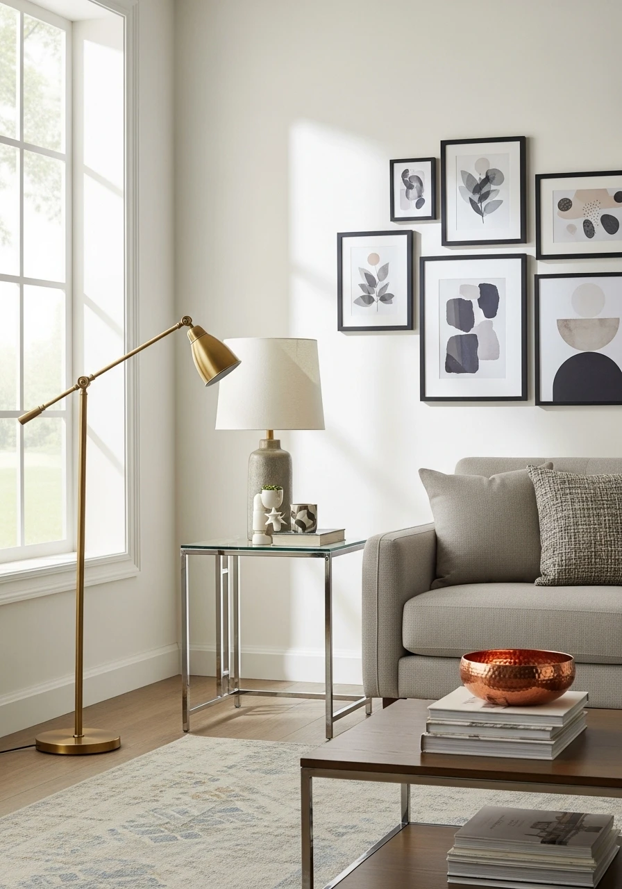 Living room mixing brass, chrome, and black metal finishes