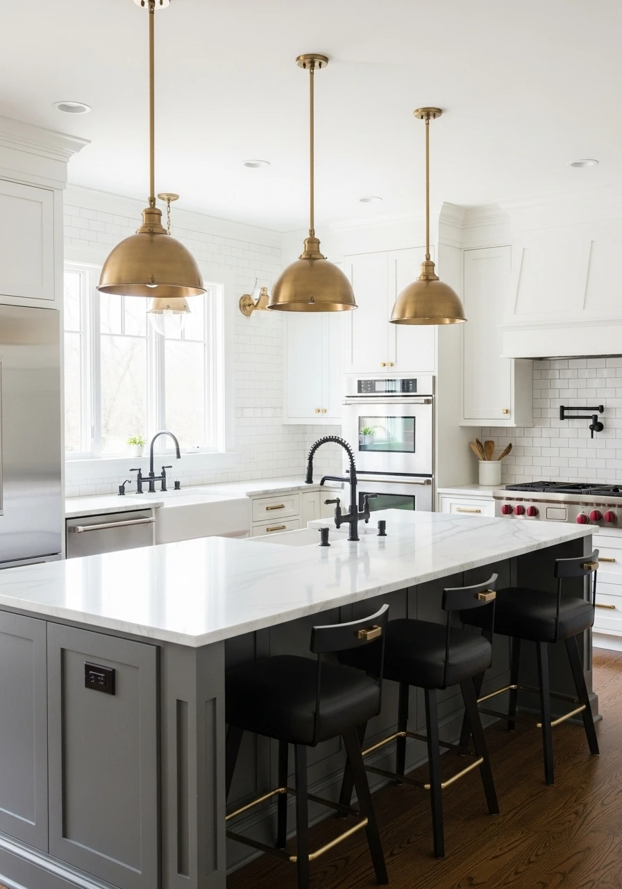 White kitchen with mixed metals including brass pendants and black faucet
