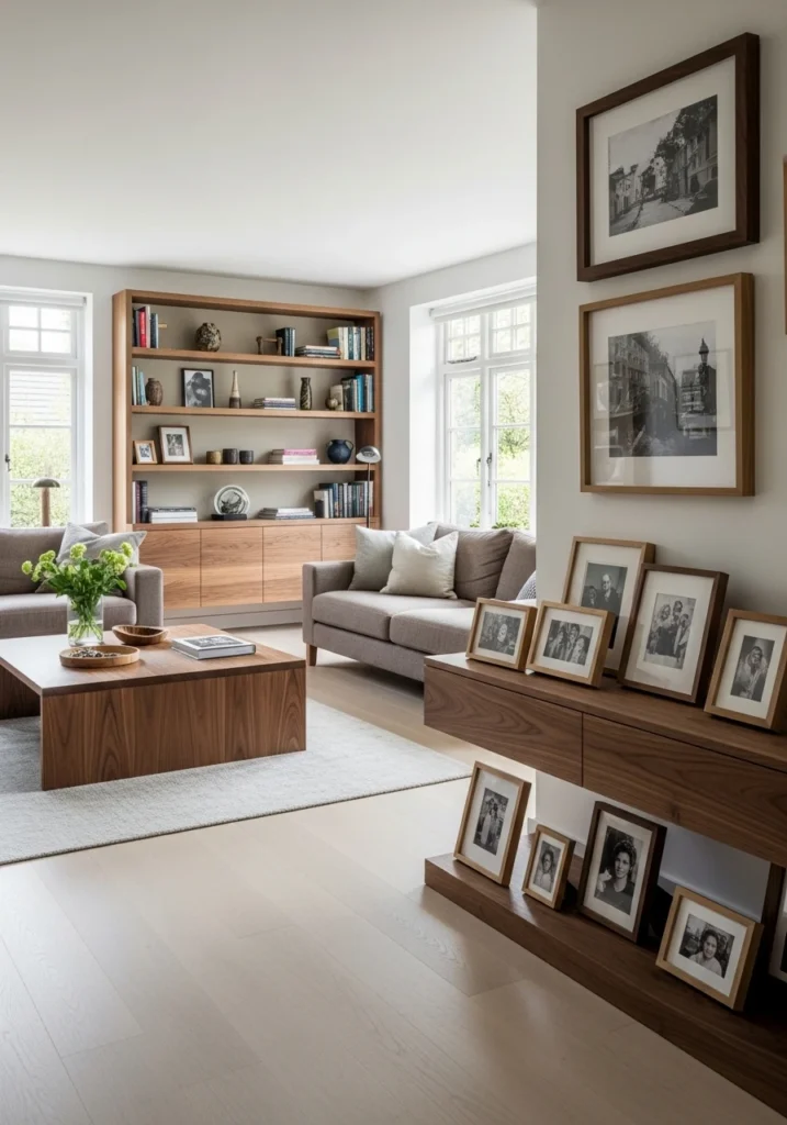 Living room mixing various wood tones for layered warmth