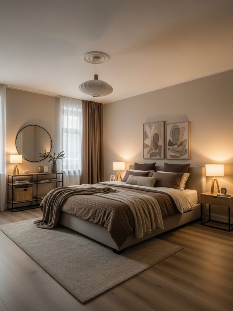 Mocha and beige bedroom color palette with a cozy modern full room view